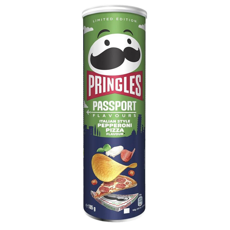 Confezione da 165g di patatine al gusto di pepperoni pizza Pringles.