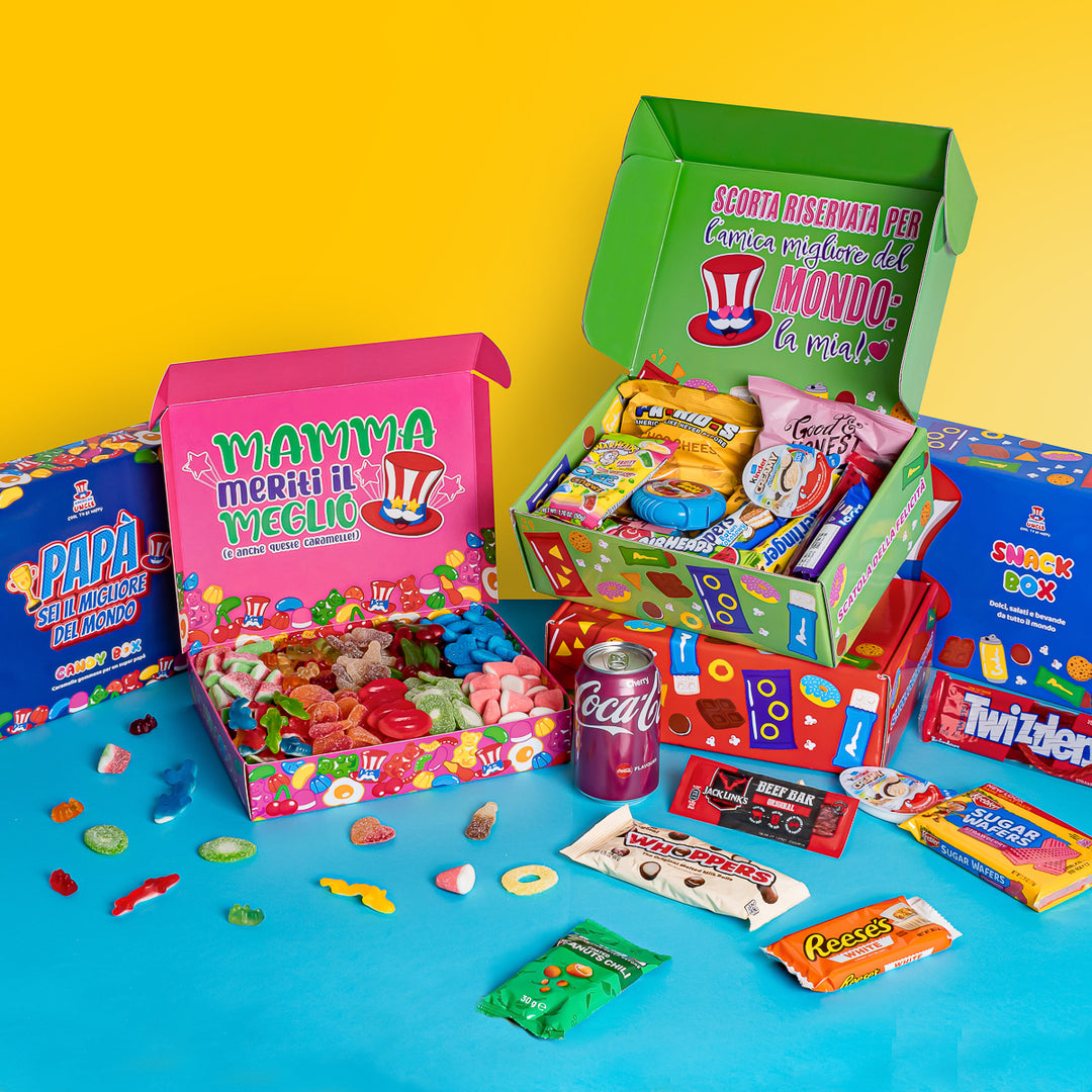 Vari regali: scatola di caramelle gommose per la mamma e per il papà, snack box da 20 prodotti a sorpresa per migliore amica, love e generica