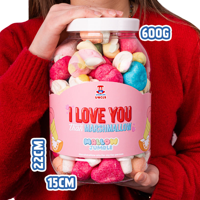 Mallow Jumble "I love You more than marshmallow", bocal de marshmallows à composer avec vos saveurs préférées