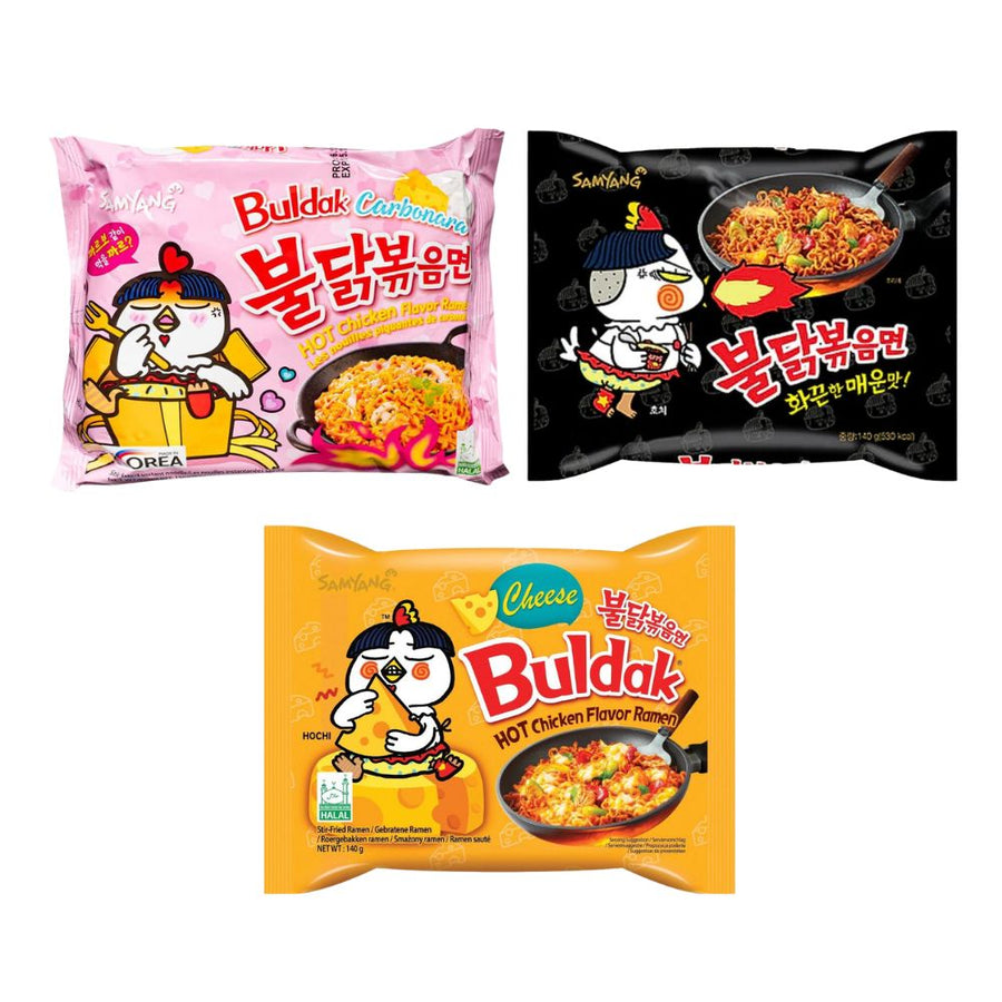Samyang Buldak Mix: 1 Samyang Buldak Carbonara Hot Chicken Flavor da 130g, 1 Samyang Buldak Hot Chicken Flavor Ramen da 140g, 1 Samyang Buldak Hot Chicken Flavor Cheese 140g 