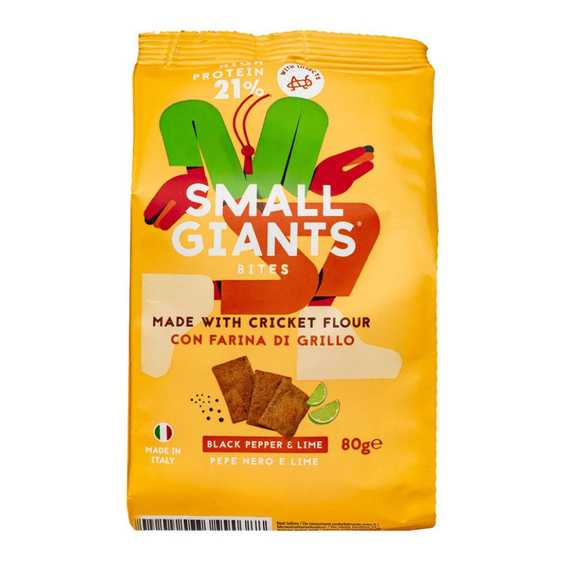 Confezione da 80g, bites aromatizzati al pepe nero e lime Small Giants.