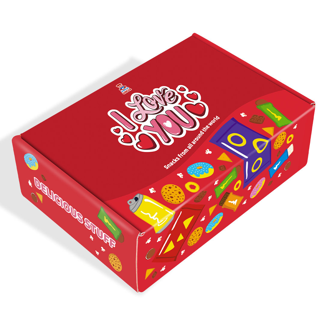 Snack Box "Je t'aime", boîte surprise de 20 snack douceurs, salés et boissons 