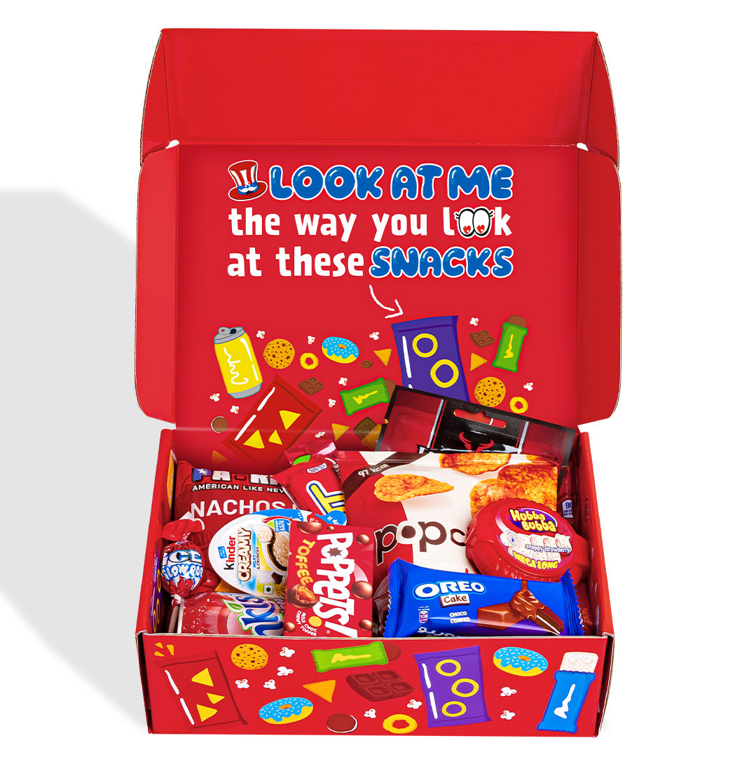 Snack Box "Je t'aime", boîte surprise de 20 snack douceurs, salés et boissons 