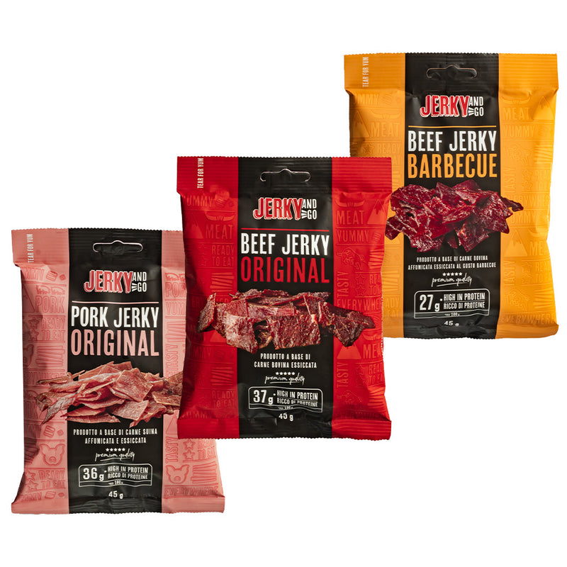 Confezione da 3 di carne secca al maiale, al manzo e al manzo barbecue Jerky and Go