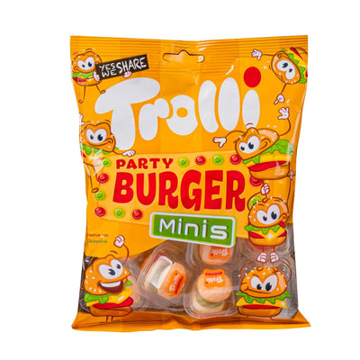 Confezione da 100g, caramelle gommose al gusto di frutta a forma di burger Trolli.