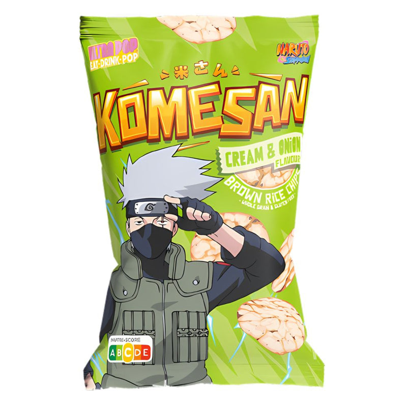 Confezione da 60g, chips di riso al gusto di panna e cipolla Naruto.