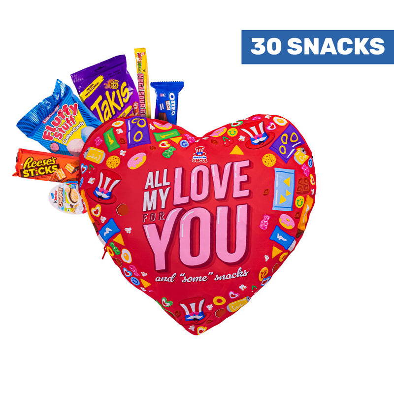 Valentine’s Heart L, coussin en forme de cœur avec 30 snacks sucrés et salés surprise