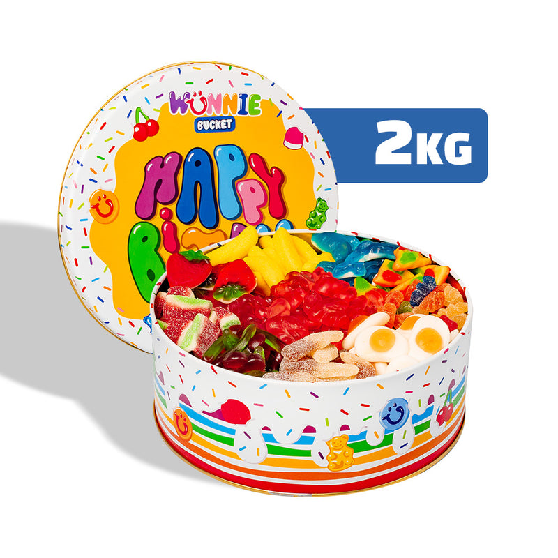 Wunnie Bucket «Joyeux Anniversaire», boîte de bonbons gélifiés à composer avec les saveurs préférées de la personne célébrée - 2 kg 