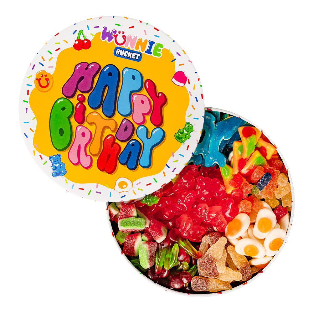 Wunnie Bucket “Joyeux Anniversaire”, boîte de bonbons gélifiés à composer avec les saveurs préférées de la personne fêtée - 2 kg 