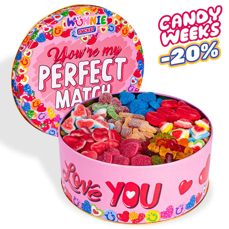 Wunnie Bucket "Perfect Match", boîte de bonbons gélifiés de 3kg à composer avec les saveurs préférées de ta moitié