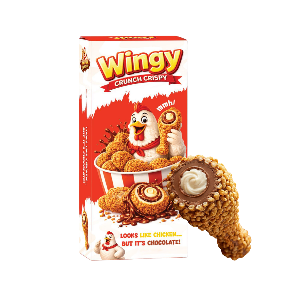 Wingy Crunch Crispy Chicken Chocolate, cioccolato con ripieno cremoso ricoperto da pezzetti di biscotto caramellato da 50g