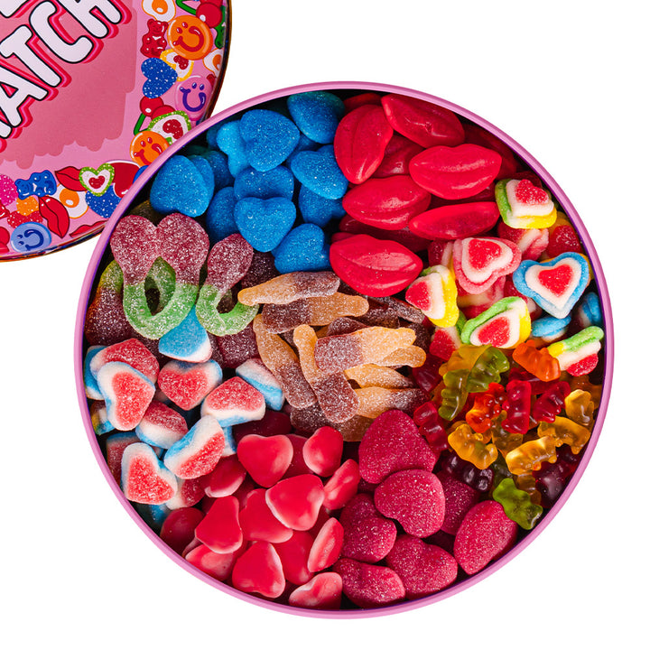 Boîte de 3kg de bonbons en métal Wunnie bucket perfect match avec focus sur les bonbons