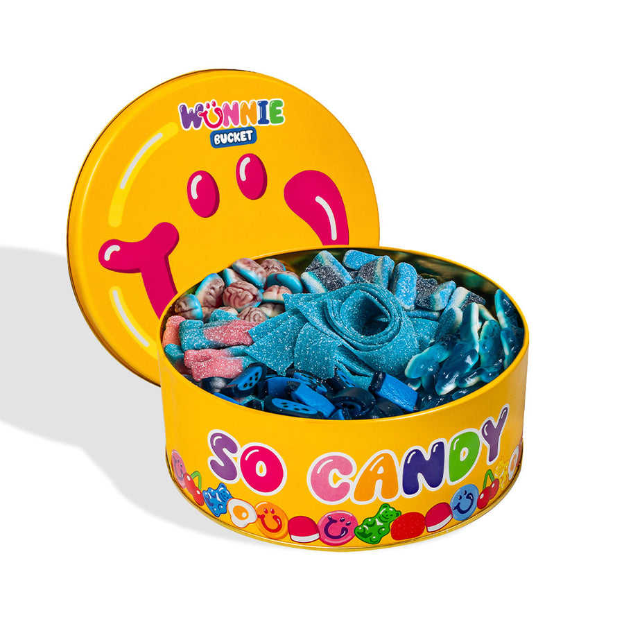 Wunnie bucket mélange bleu : boîte pleine de bonbons gélifiés bleus