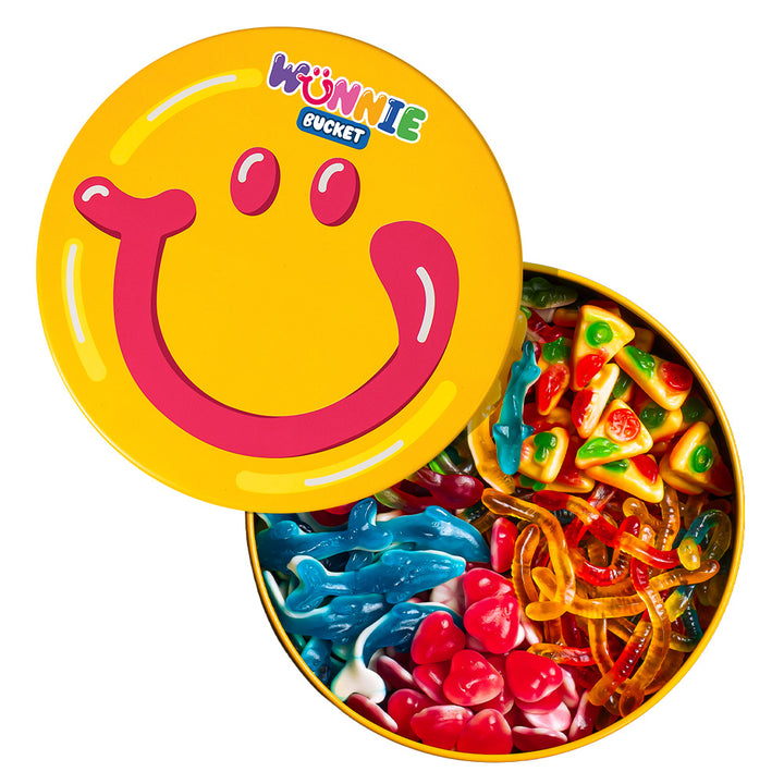 Wunnie Bucket avec des bonbons gélifiés lisses en forme de cœurs, de dauphins, de pizzas