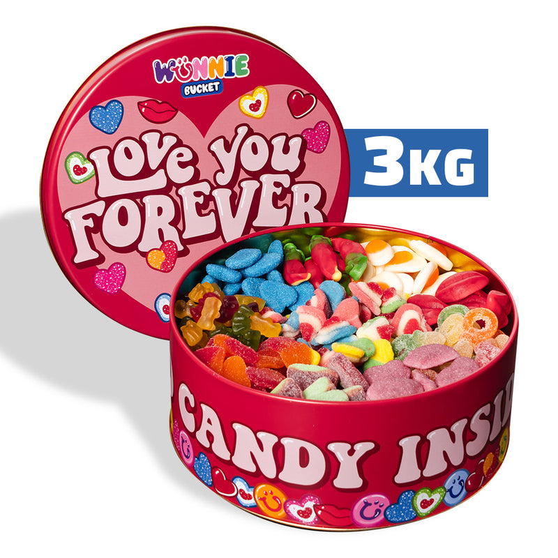 Wunnie Bucket «Love You Forever», boîte de bonbons gélifiés de 3 kg à composer avec les saveurs préférées de votre moitié 