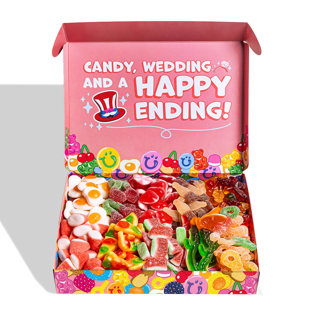 Wunnie box Bride rosa con scritta Candy, Wedding and a Happy Ending