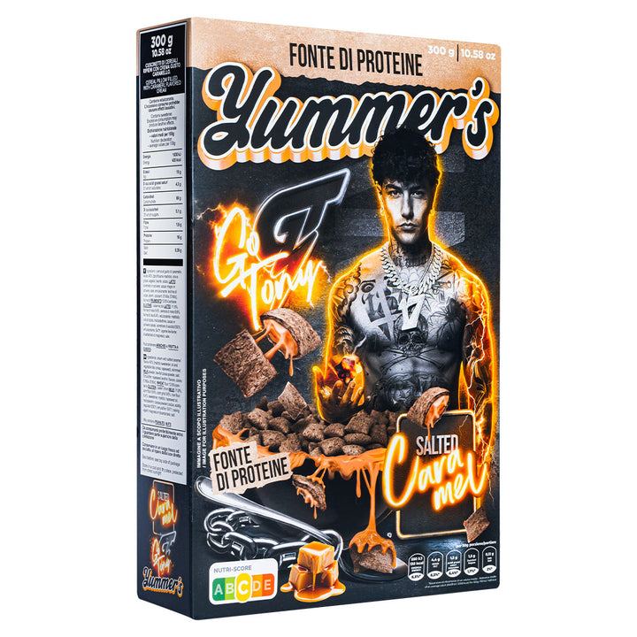 Yummer's Go Tony Salted Caramel de Tony Effe, céréales protéinées fourrées à la crème goût caramel salé de 300 g | ÉDITION LIMITÉE 