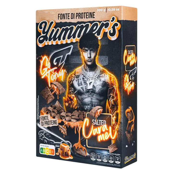 Yummer's Go Tony Salted Caramel de Tony Effe, céréales protéinées fourrées à la crème goût caramel salé de 300 g | ÉDITION LIMITÉE 