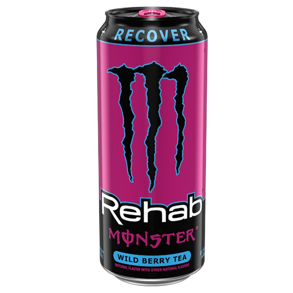 (Monstre non de collection, endommagée) Monster Energy Rehab Wild Berry Tea, boisson énergisante au goût de thé aux fruits rouges de 458ml 