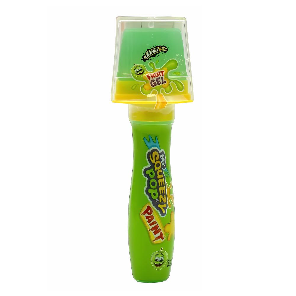 Johny Bee Mr Squeezy Pop Paint Green Apple, sucette et bonbon liquide au goût de pomme verte de 32g 