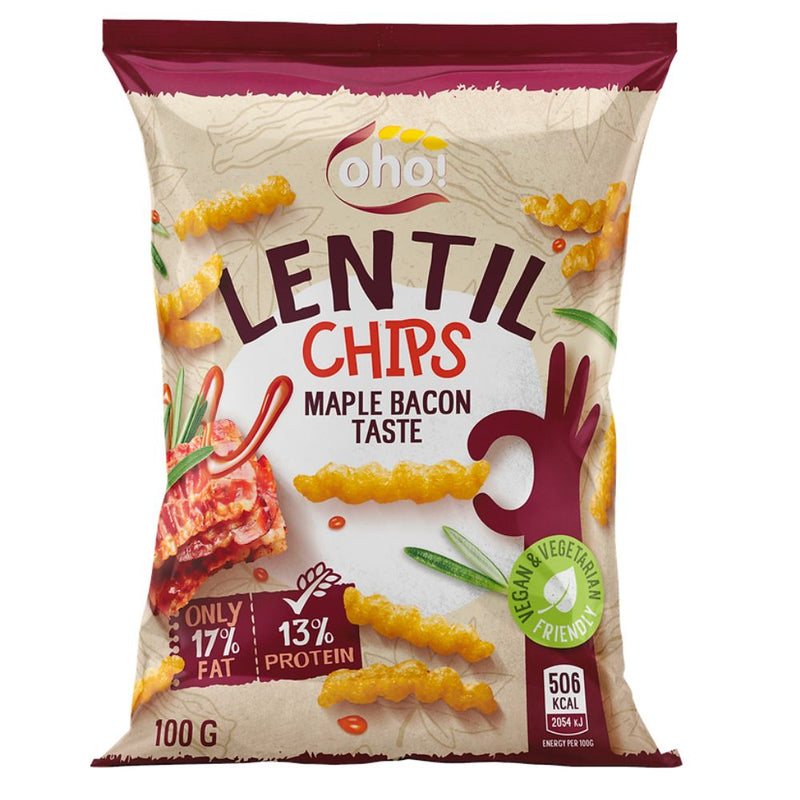 Confezione da 100g di chips di lenticchie al bacon Oho Lentil Chips Maple Bacon