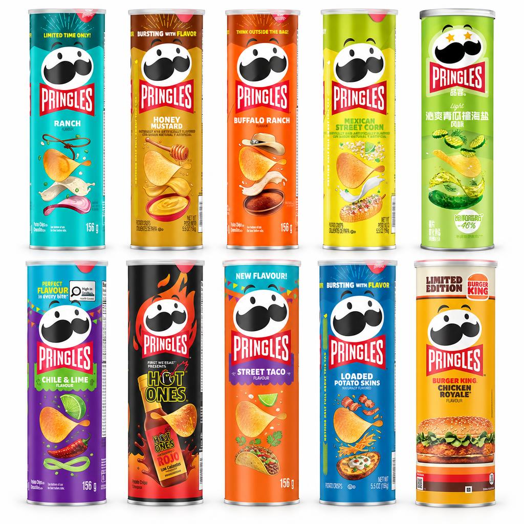 Kit Pringles, 10 chips aux saveurs variées : ranch, moutarde au miel, buffalo ranch, etc.