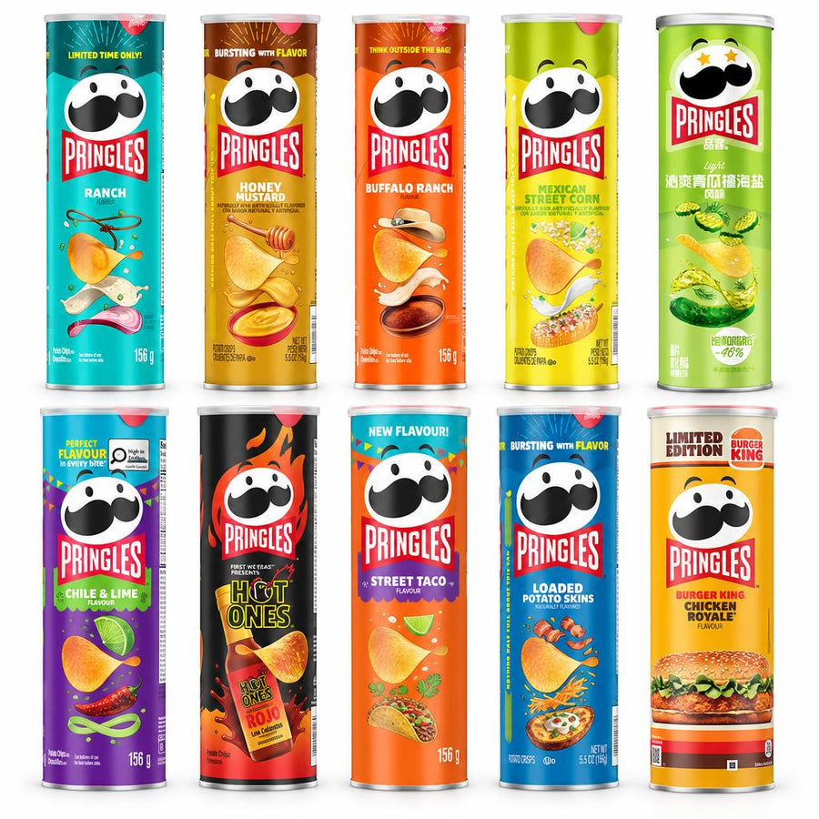 Kit Pringles, 10 chips aux saveurs variées : ranch, moutarde au miel, buffalo ranch, etc.