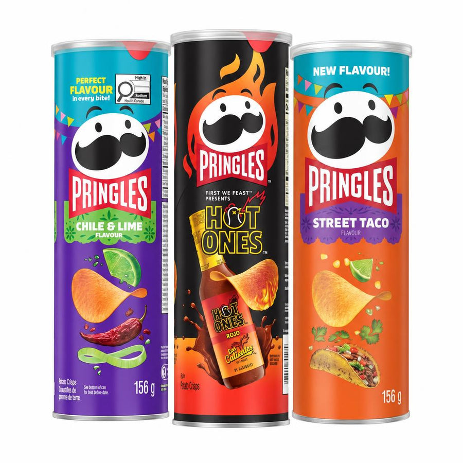 Pringles Kit, 3 chips au goût chili et citron vert, Hot Ones Los Calientes Rojo et Street Taco