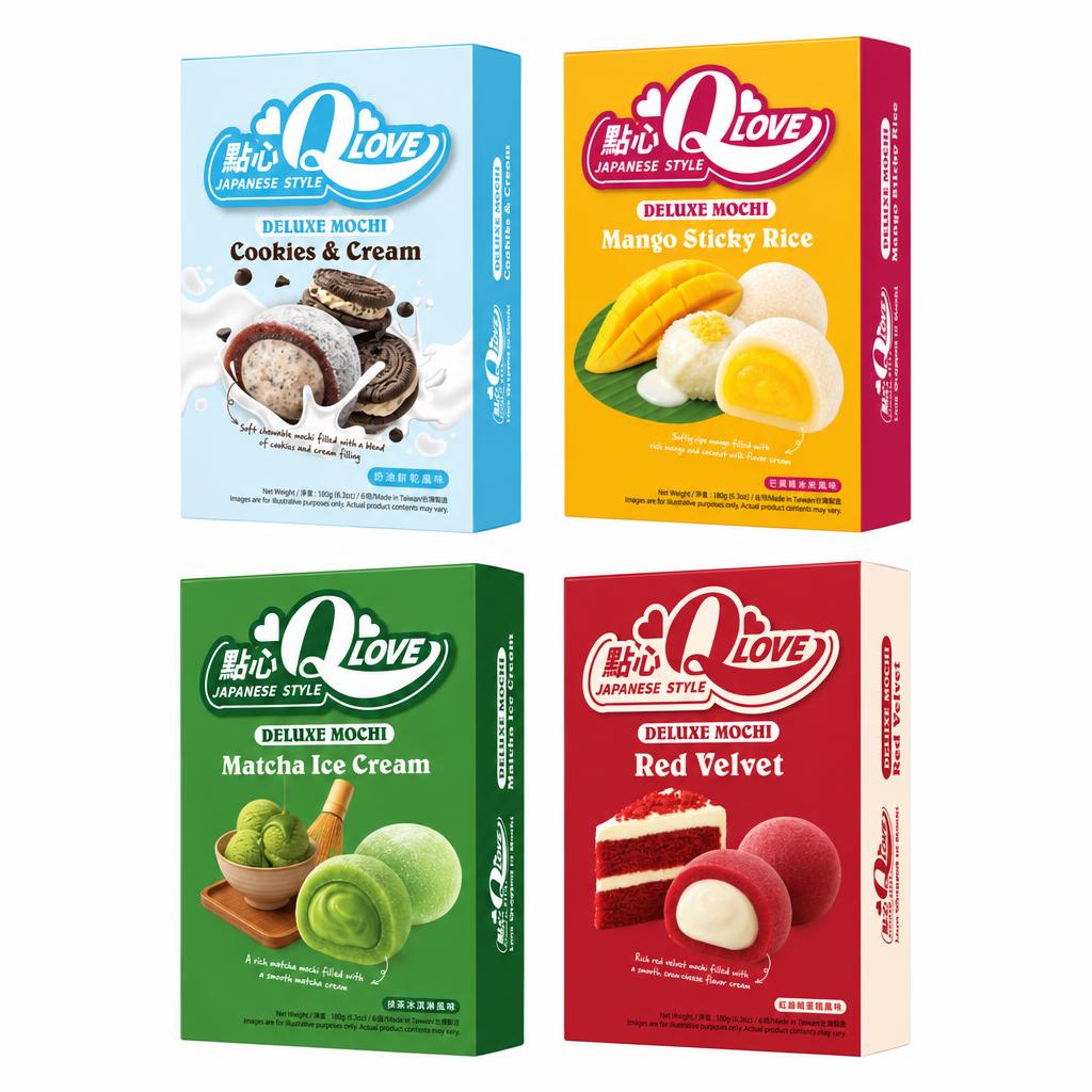 Qlove Kit, 4 mochis aux saveurs cookies et cream, mangue et noix de coco, matcha et red velvet