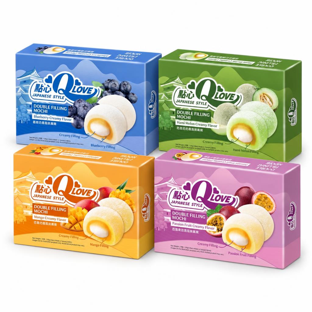 Qlove Kit, 4 mochi au goût myrtille, melon, mangue et fruit de la passion