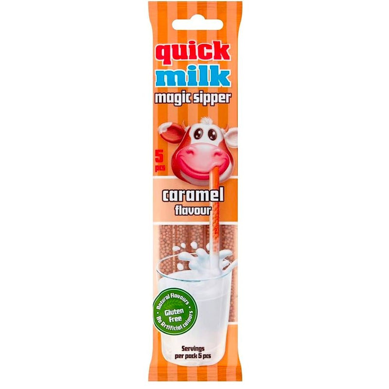 Quick Milk Magic Sipper Caramel Flavor, pailles avec bonbons au goût caramel de 30g