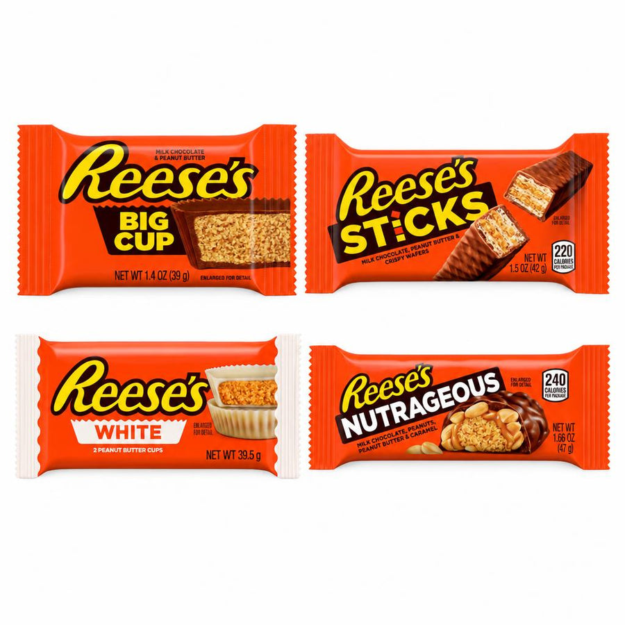 Kit Reese's, 4 snack au chocolat : Big Cup, bâtonnets wafer, White Peanut Butter Cups et Nutrageous