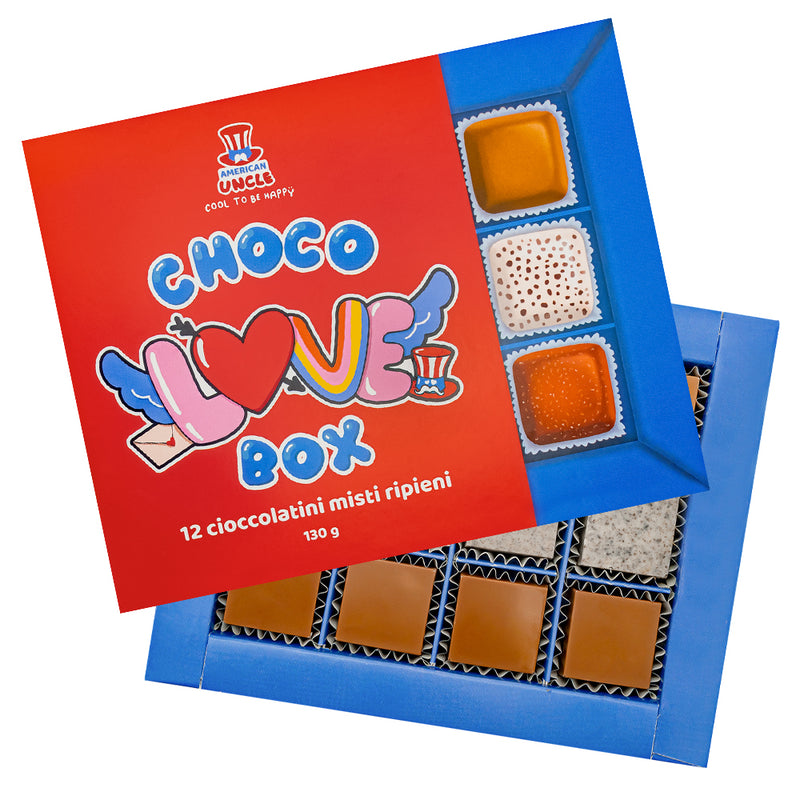 Choco Love Box, boîte de 12 chocolats assortis fourrés au beurre de cacahuètes, toffee et cookies & cream de 130g