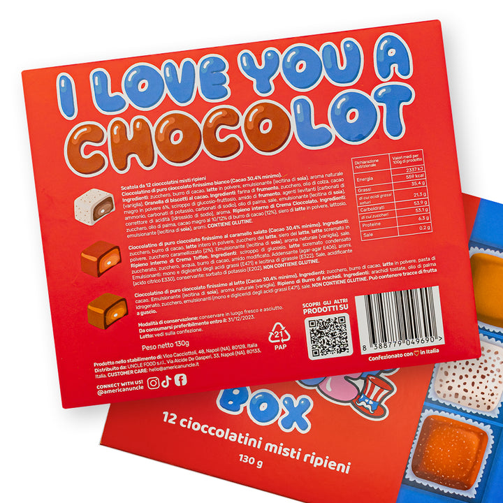 Choco Love Box, boîte de 12 chocolats assortis fourrés au beurre d'arachide, caramel et cookies & cream de 130g 