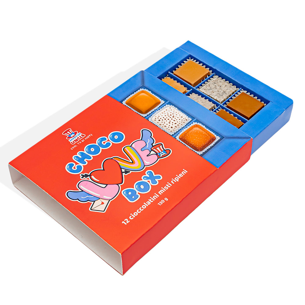 Choco Love Box, boîte de 12 chocolats assortis fourrés au beurre d'arachide, caramel et cookies & cream de 130g 