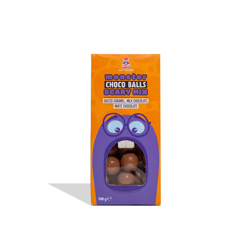 Monster Choco Balls Scary mix, chocolats au lait fourrés de chocolat blanc, caramel salé et chocolat au lait de 100g