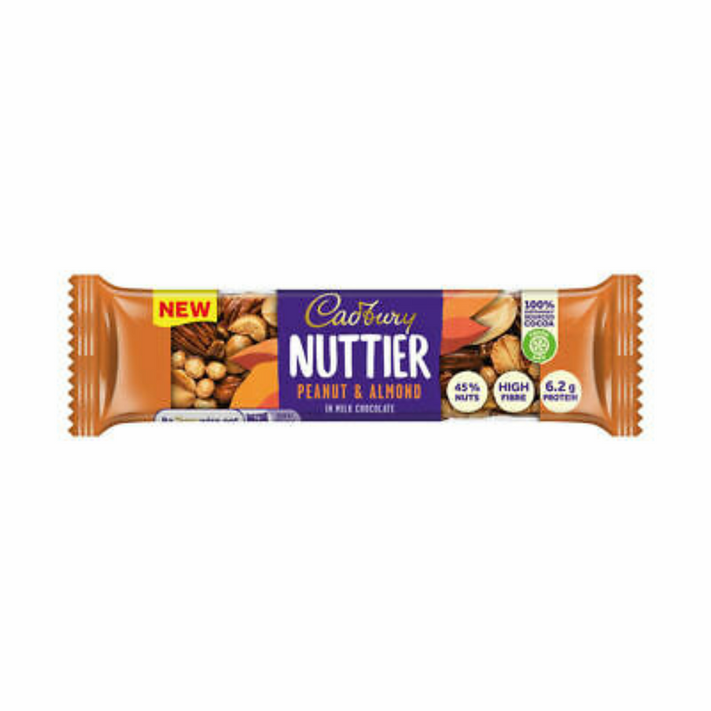 Cadbury Nuttier Mandorle e Arachidi, barre aux amandes et cacahuètes enrobée de chocolat au lait de 40g