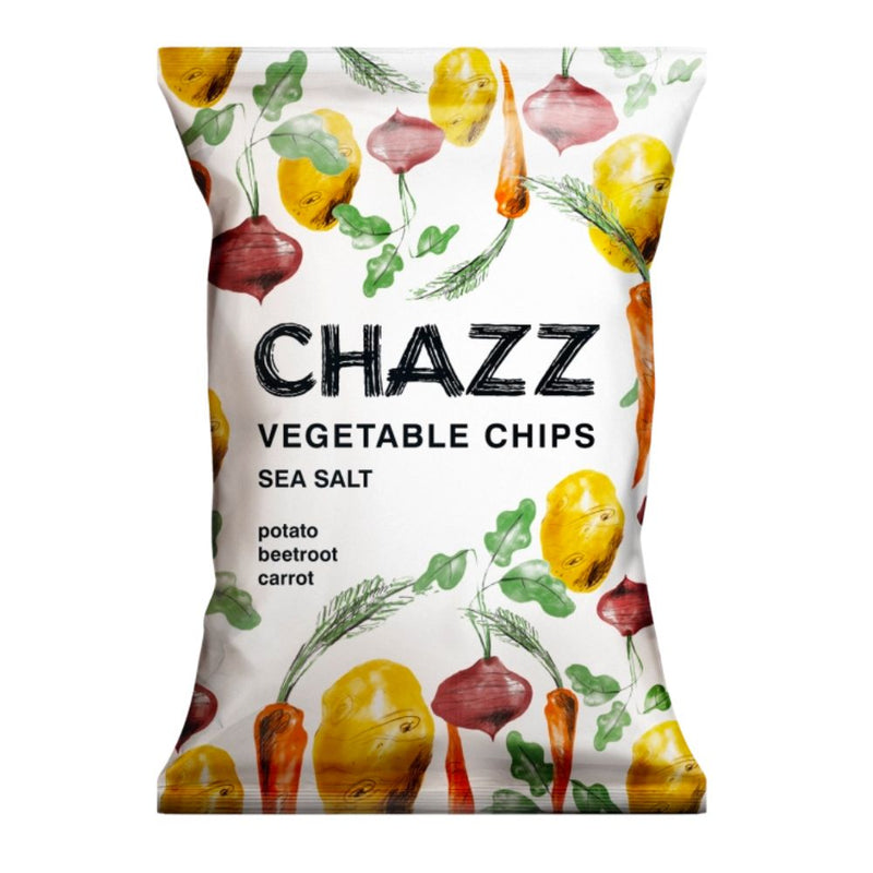 Confezione da 75g di chips di verdure Chazz Vegetable Chips Sea Salt