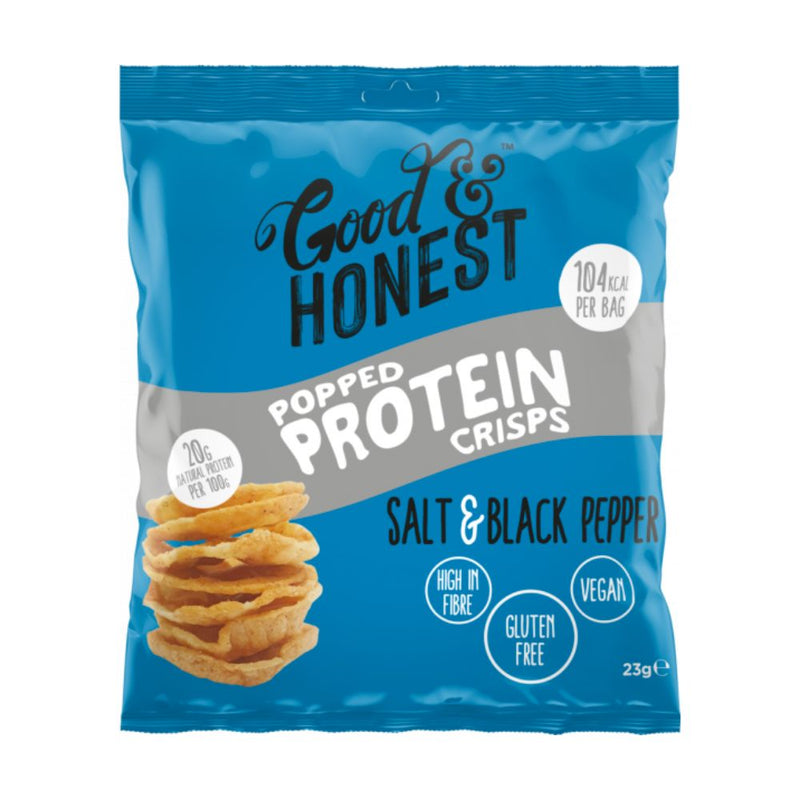 Confezione di patatine al sale e al pepe nero Good&Honest Popped Protein Crisps Salt&Black Pepper da 23g