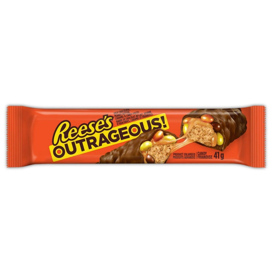 Reese's Outrageous!, barre de chocolat remplie de beurre de cacahuète et de bonbons colorés de 41g 