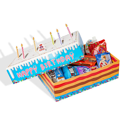 Birthday box, boîte en forme de gâteau d'anniversaire avec 15 snacks sucrés et salés
