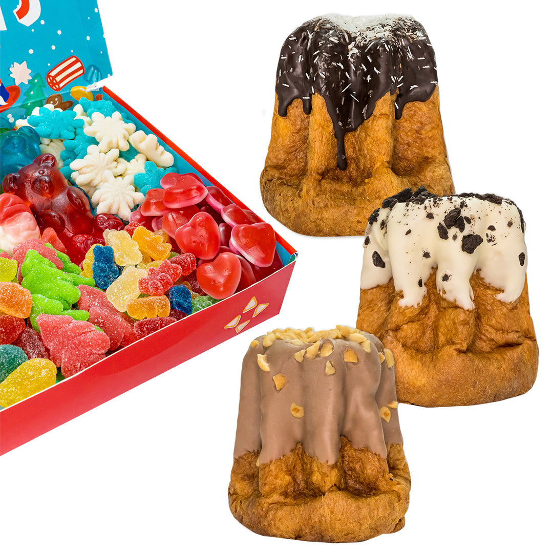 Candy box Édition des fêtes + 3 pandori artisanaux de 200g Choco noir & Noix de coco, Caramel salé & Choco cacahuètes et Cookies & Crème 