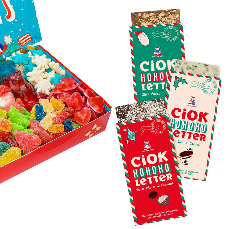 Candy box Holidays Edition + 3 ChocoLetter, boîte de bonbons gélifiés de 1kg et trois tablettes de chocolat artisanal