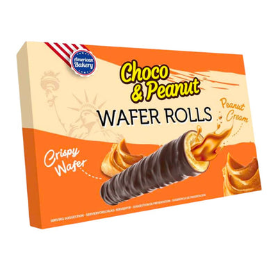 Confezione da 140g di wafer American Bakery  Choco&Peanut Wafer Rolls