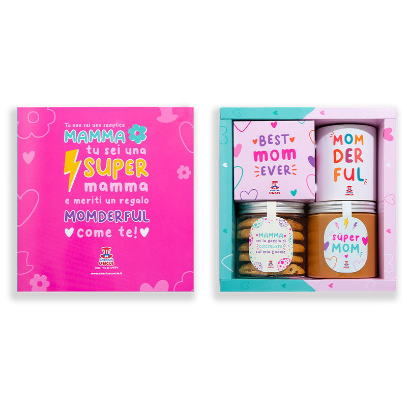 Mom Gift Box, boîte cadeau pour maman avec cookies multigoût, crème au caramel salé et tasse Momderful