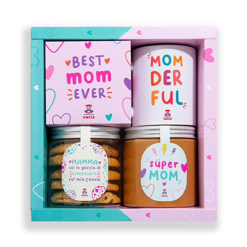 Mom Gift Box, boîte cadeau pour maman avec cookies multigoût, crème au caramel salé et tasse Momderful