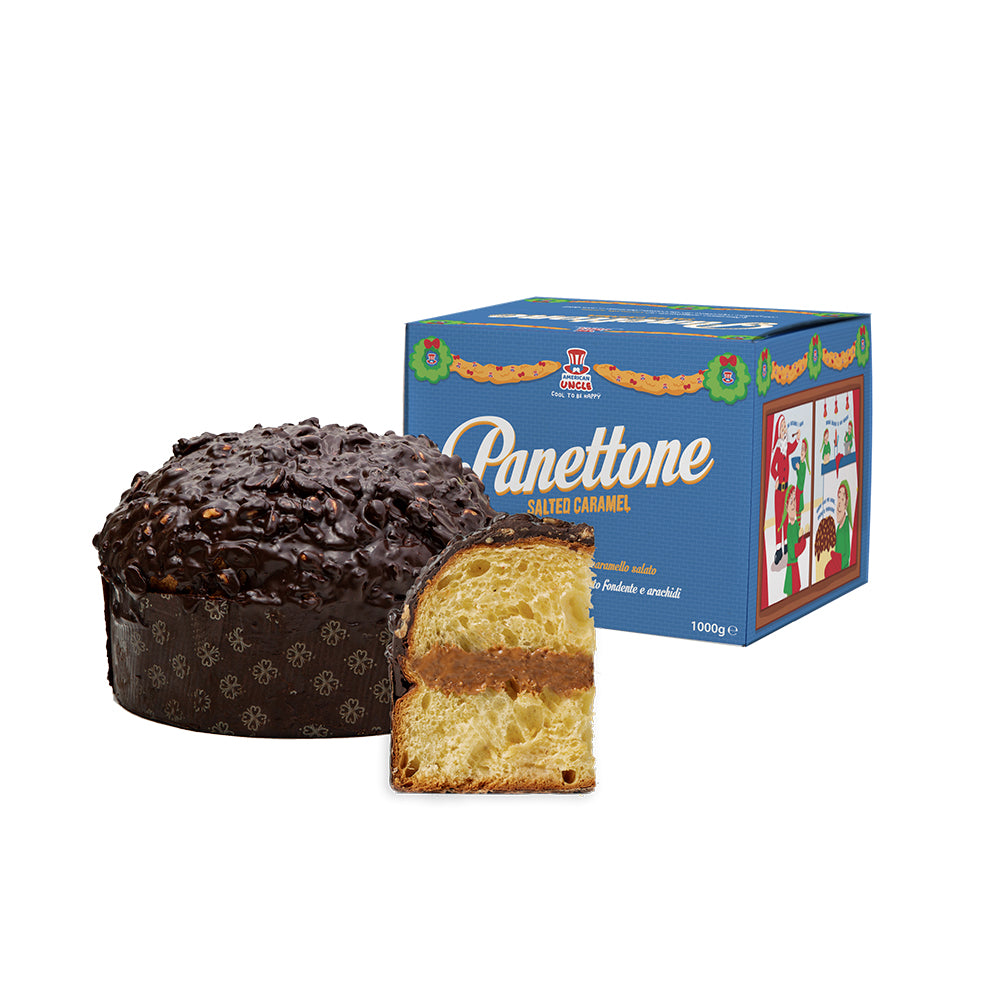 Le Panettone di American Uncle, panettone artisanal farci au caramel salé avec un enrobage de chocolat noir et cacahuètes de 1kg 