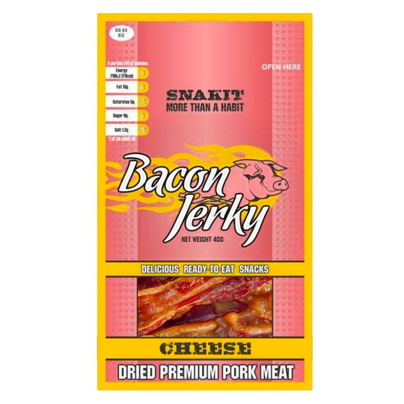 Confezione da 40g di bacon secco al formaggio Snakit Bacon Jerky