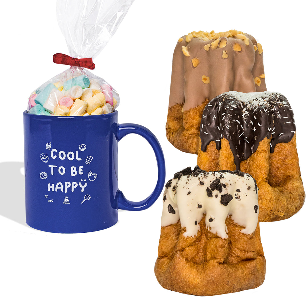 Mug Cool to be Happy + sachet de bonbons gélifiés de 100g + 3 pandoros artisanaux de 200g 